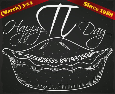 Hand Drawn Pie over Blackboard and Ribbons for Pi Day, Vector Illustration