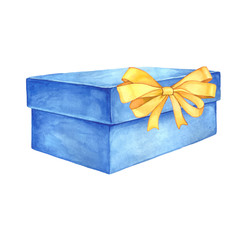 Watercolor illustration of a gift box with a ribbon bow.