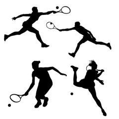 Black silhouette of tennis player on white background