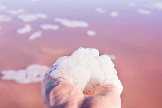 Young Caucasian Woman Holding in Hand Soapy Salty Foam of Unique Pink Salt Lake. Panoramic Scenery Pastel Colors. Travel Wildlife Wanderlust. Poster Banner Streamer Template with Copy Space - Powered by Adobe