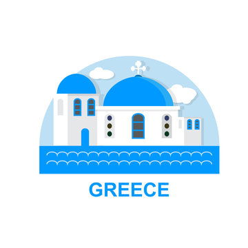 Greece Flat Logo Design. Santorini T-shirt Graphic Design In Vector. Europe City Landmark 