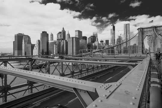 View of Brooklyn Bridge and skyscrapers, B&W, New York, USA