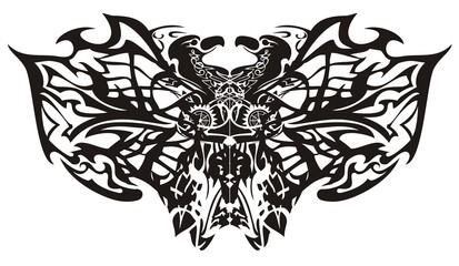 Stylized fantastic tribal butterfly wings. Creative ethnic butterfly formed by the eagle heads and linear patterns on a white background. Coloring page for adults