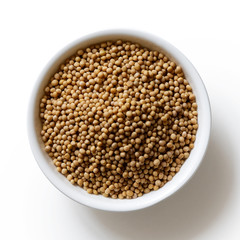 Dried white mustard seeds in white ceramic bowl isolated on white from above.