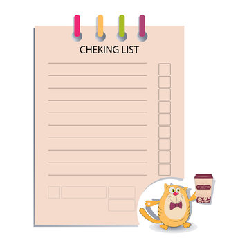 CHEKING LIST and the cat keeps coffee. Design for messages, infromation for customers cafe, decorated menus, notes for waiters, or housewives, books for recipes.