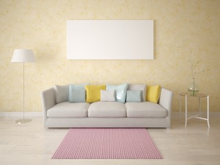 Mock up a modern living room with a fashionable floor lamp and a stylish sofa.