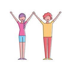 couple of young raised arms people characters vector illustration