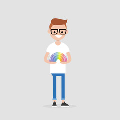 Young male character playing with a rainbow spring toy / flat editable vector illustration, clip art