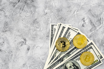 Bitcoin and money for online payment on gray background top view space for text