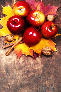  Harvest Background with red ripe apples and marple leaves on wooden table 