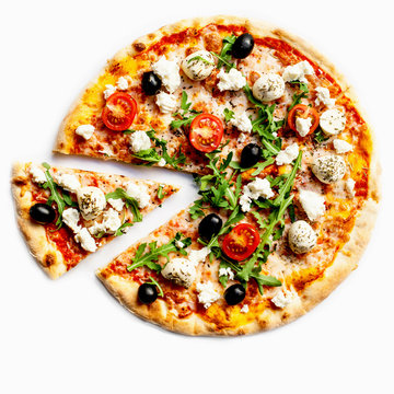 Pizza with tomatoes, meat, mozzarella cheese, black olives and herbs. 