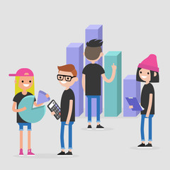 Data analysis conceptual illustration. International millennial team. Flat editable vector, clip art