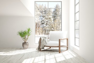 White room with armchair and winter landscape in window. Scandinavian interior design. 3D illustration