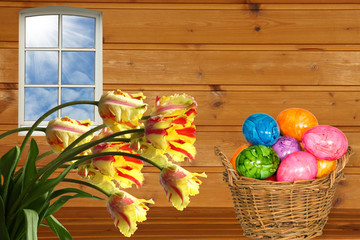 easter egg and parrot tulips