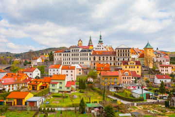 Small unique town Loket with castle, close to Karlovy Vary, Czech Republic. Summer day panoramic view from rock.