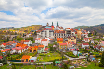 Small unique town Loket with castle, close to Karlovy Vary, Czech Republic. Summer day panoramic...