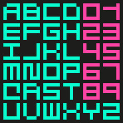Minimalist rectangular pixel vector font. Small set of monospace capital letters and digits. Modern cybernetic display typeface.