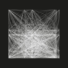 Monochrome intertwined linear shape. Complex chaotic geometric wireframe object. Black and white background. Avant-guard schematic sketch. Modern abstract vector illustration. Element of design.