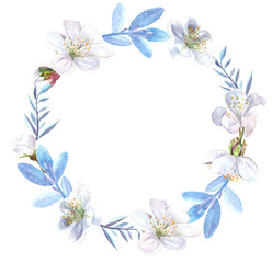 Watercolor hand painted wreath isolated on white background. Blossom flowers with blue leaves round frame composition.