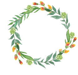 Watercolor hand painted wreath isolated on white background. Round composition from leaves and flowery branch for your design.