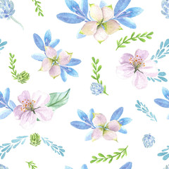 Floral watercolor seamless pattern. Hand drawn pinky flowers with blue leaves light background.