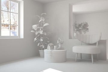 White room with armchair. Scandinavian interior design. 3D illustration