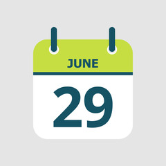 Flat icon calendar 29th of June isolated on gray background. Vector illustration.