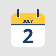 Flat icon calendar 2nd of July isolated on gray background. Vector illustration.