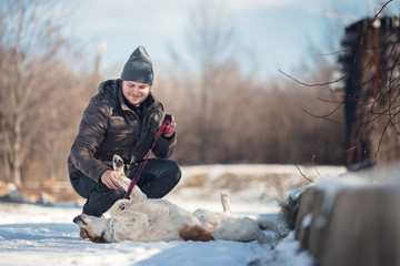 Canine Rehabilitation Therapist for dog rehabilitation program. Young dog trainer playing with a...