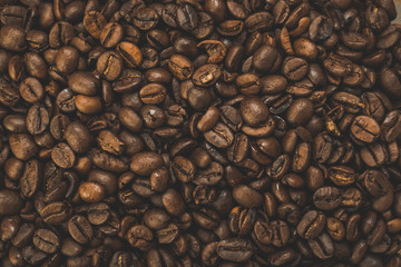 Roasted brown coffee beans pattern background top view flat texture - Powered by Adobe