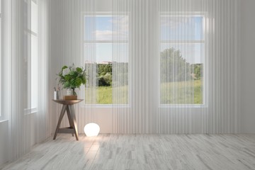 White empty room with summer landscape in window. Scandinavian interior design. 3D illustration