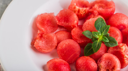 Healthy fresh organic watermelon salad with basil closeup