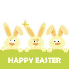 Happy Easter vector design with cute rabbit characters - advertising poster or flyer template with a family of brown rabbits. Vector.