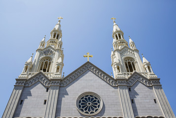 Ornate steeples on white cathedral