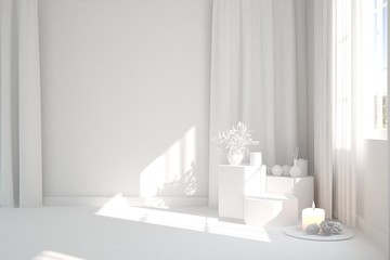 White empty room with table. Scandinavian interior design. 3D illustration