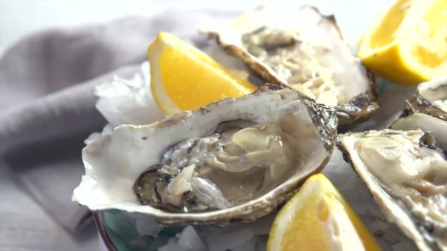 Fresh oysters closeup rotating in blue plate, served wooden table with oysters, lemon and ice. 4K Ultra high definition 3840X2160