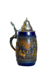        isolated traditional German metal beer mug with lid and handle with fleece painting and molding