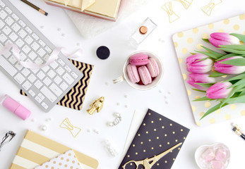 Styled desk scene - flatlay with pink tulips