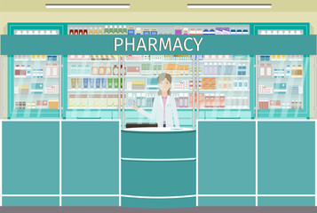 Pharmacy counter with pharmacist female character. Drugstore interior with showcases with medicines.