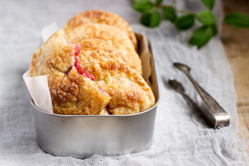 Crispy mini pies with apple and red currant. Rustic style.