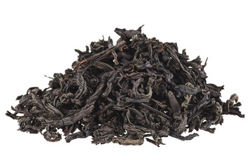 Dry black tea leaves isolated on white background