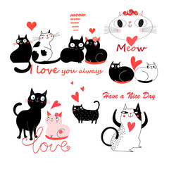 Fototapeta premium Vector festive funny set of enamored cute cats