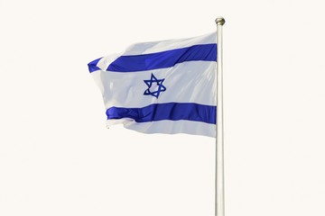 An Israel flag flapping in the wind isolated on white background. The flag is in white and blue colors with the star of David. The flag is posted on a pole high in the sky.