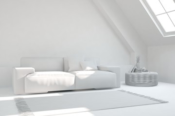 White room with sofa. Scandinavian interior design. 3D illustration