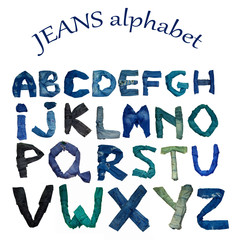       the English alphabet is laid out from letters consisting of jeans clothes of various shade
