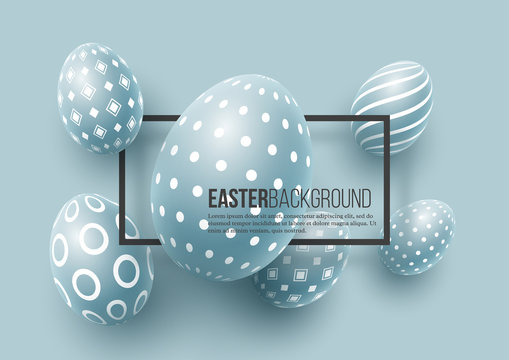 Abstract Easter blue background. Decorative 3d eggs with frame. Vector illustration.