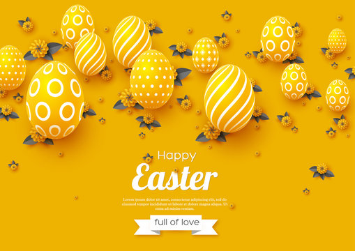 Easter holiday greeting card. Paper cut flowers yellow and grey colors with 3d eggs, holiday background. Vector illustration.