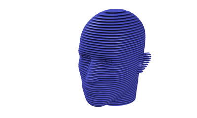 3d model of a humane head with colored skin isolated on white. it is a man face with bold head staring at various angles looking strait.