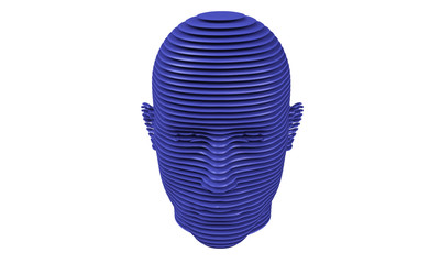 3d model of a humane head with colored skin isolated on white. it is a man face with bold head staring at various angles looking strait.