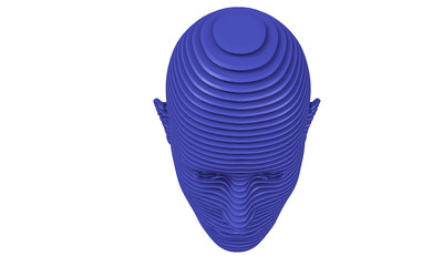 3d model of a humane head with colored skin isolated on white. it is a man face with bold head staring at various angles looking strait.